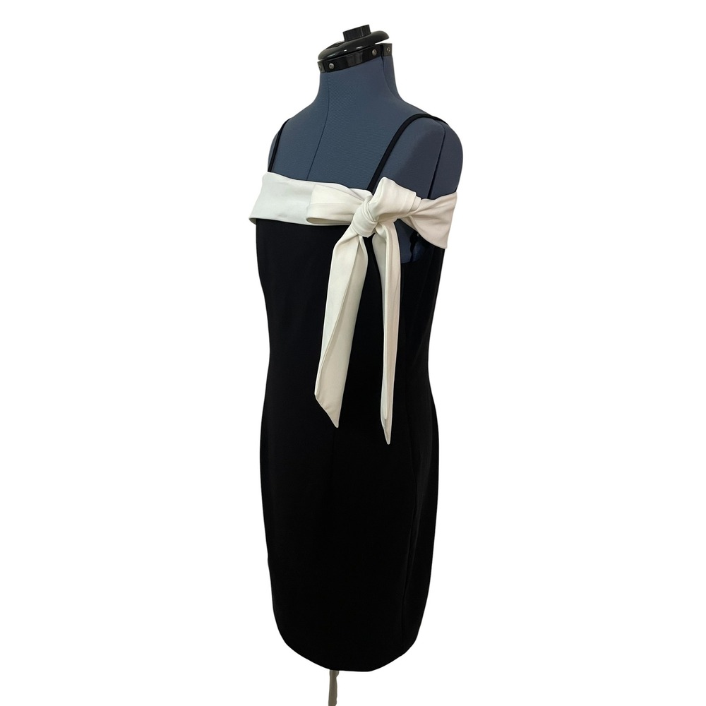 White House Black Market Black White Over the Shoulder Tie Bow Sheath Dress 12 - Picture 10 of 16